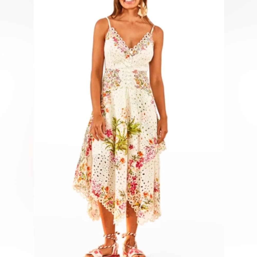 FARM RIO Delicate Forest Scarves Midi Dress XS Eyelet Lace Asymmetric Hi Low - Picture 2 of 14